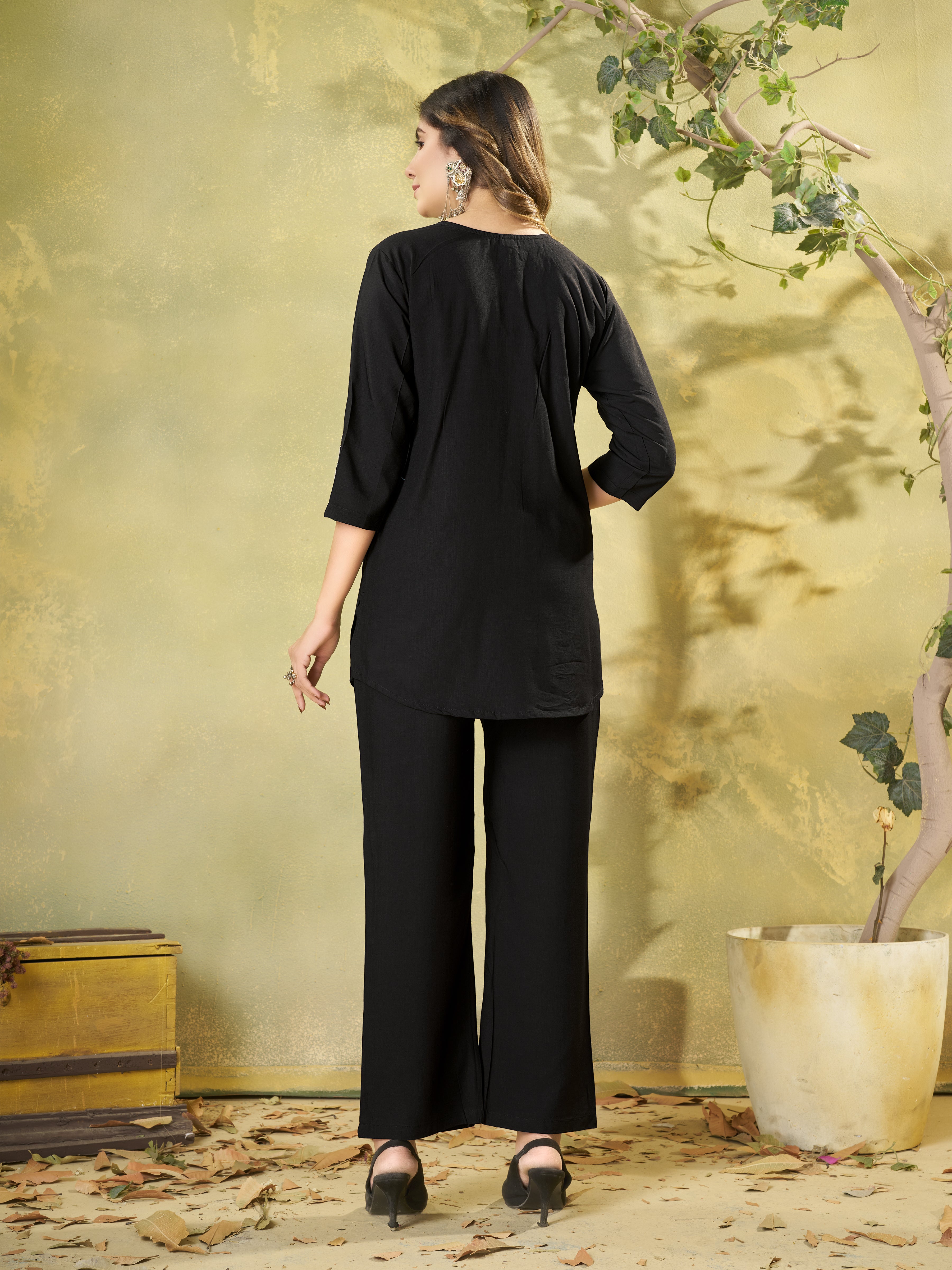 Heavy Rayon Embroidered Co-Ords Set – Black