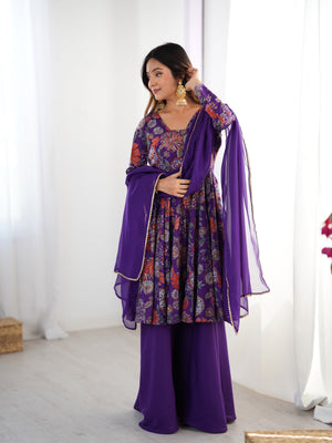 Roman Chanderi Silk Printed Kurta-Palazzo Set – Purple