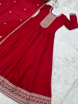 Vichitra Silk Embroidered Gown Set – Dark Red