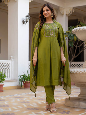 Pure Viscose Mango Silk Embroidered Straight Kurti Set – Mhendi Green