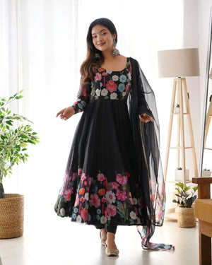 Organza Silk Printed Anarkali Set – Black