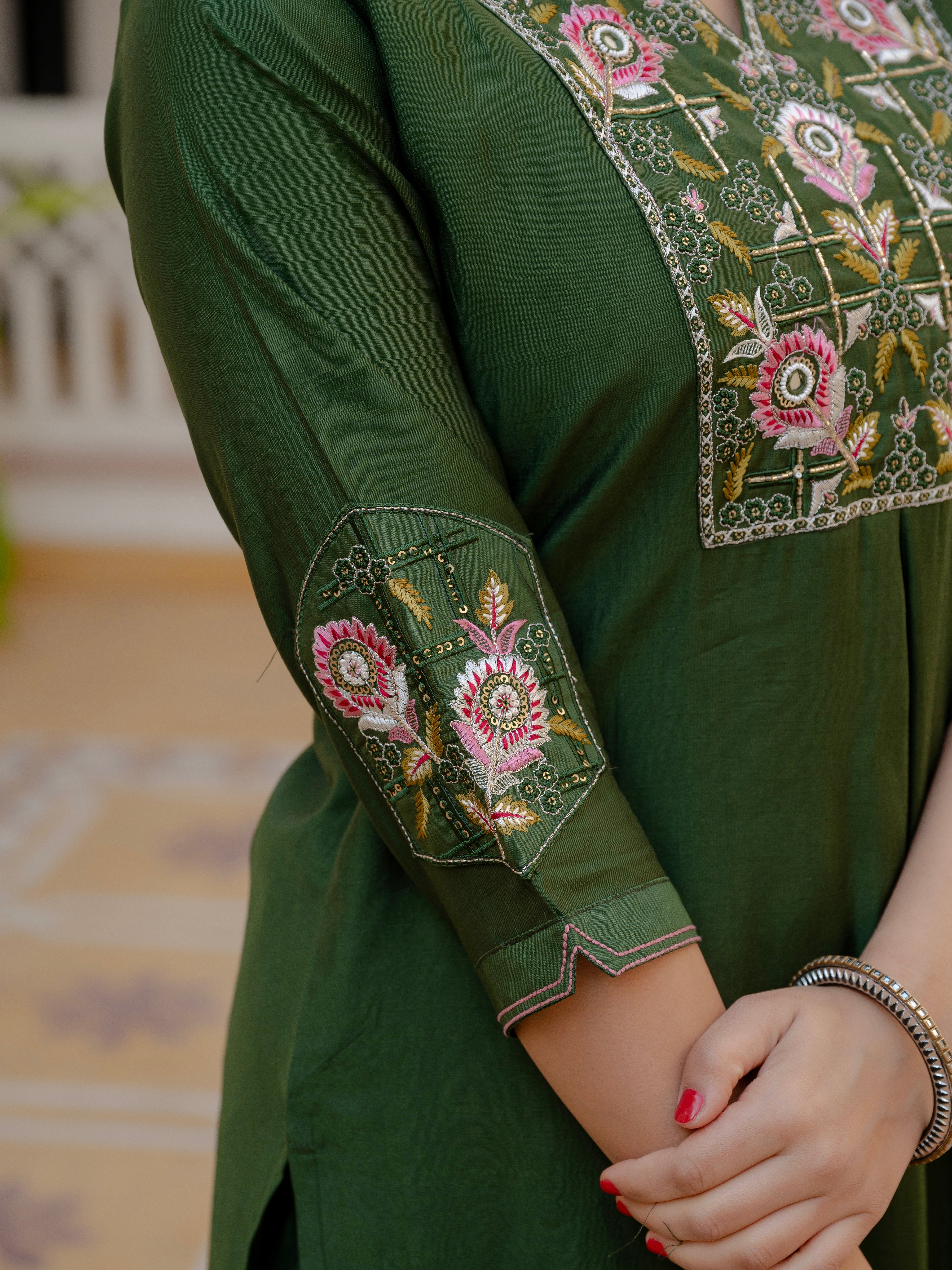 Pure Viscose Mango Silk Embroidered Straight Kurti Set – Green