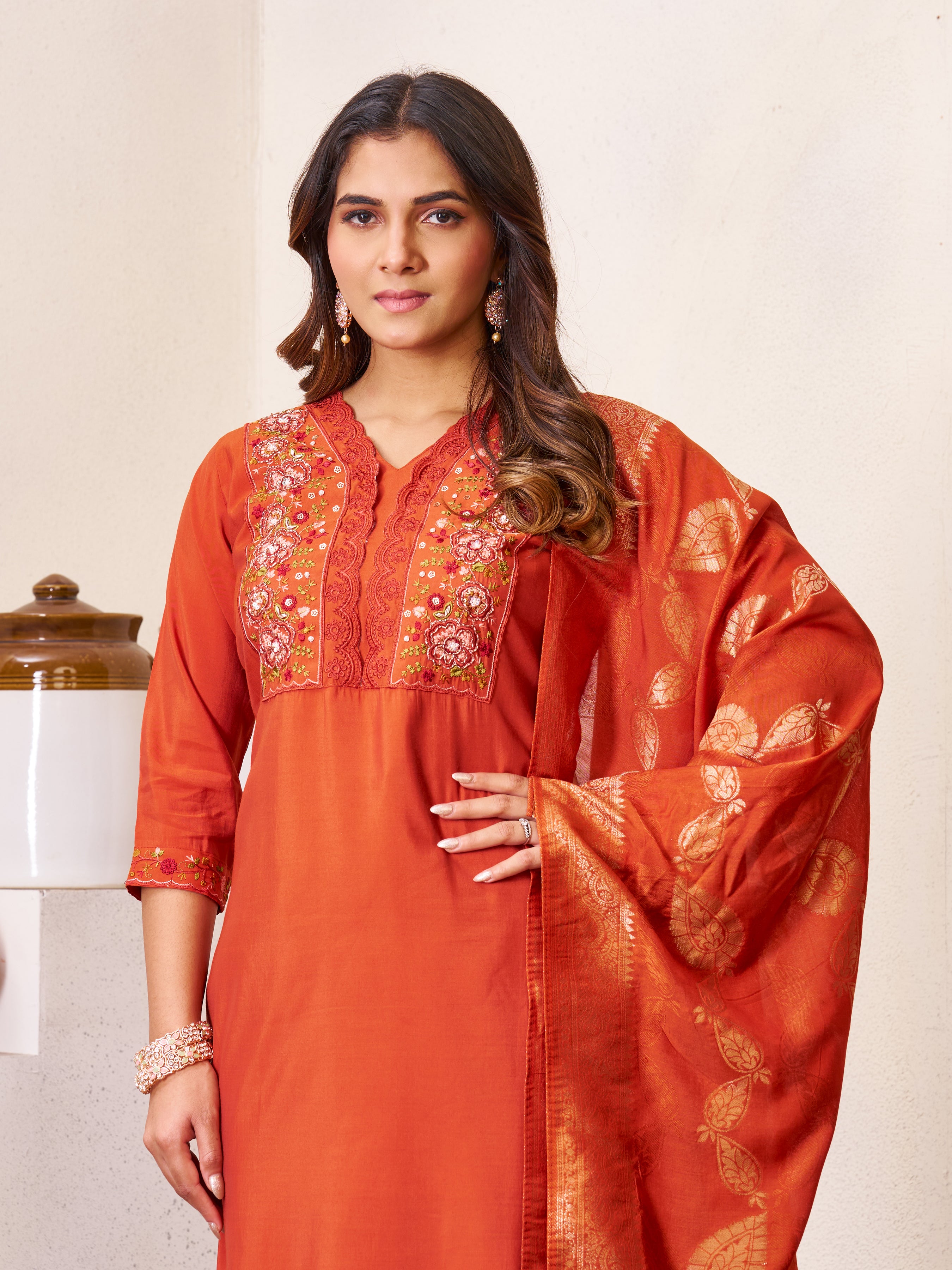 Roman Silk Embroidered Straight Kurti Set – Rust