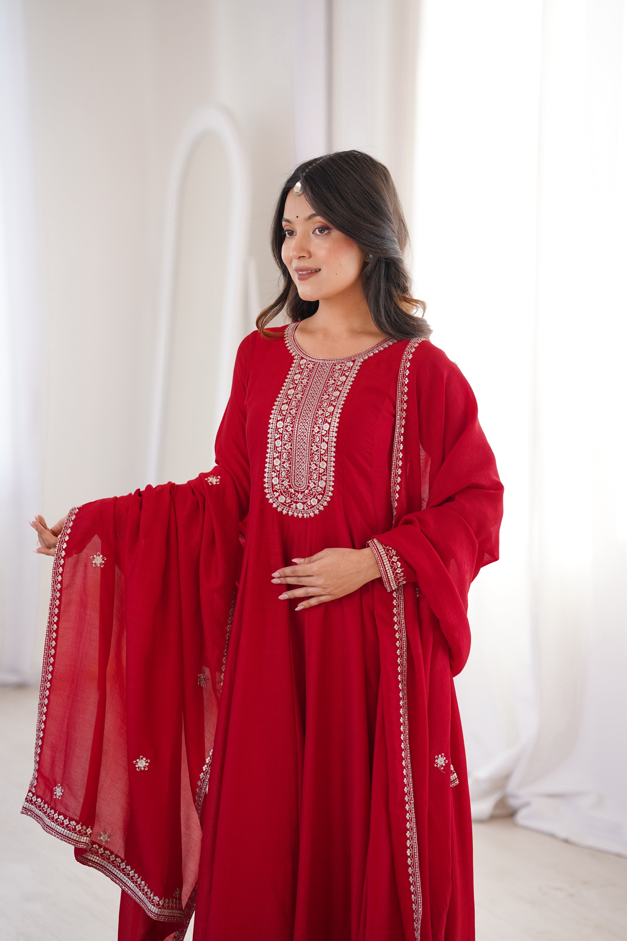 Vichitra Silk Embroidered Gown Set – Dark Red