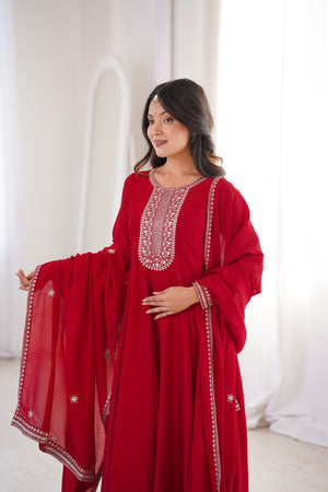 Vichitra Silk Embroidered Gown Set – Dark Red