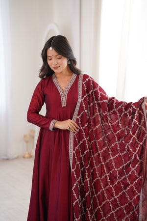 Vichitra Silk Embroidered Gown Set – Maroon