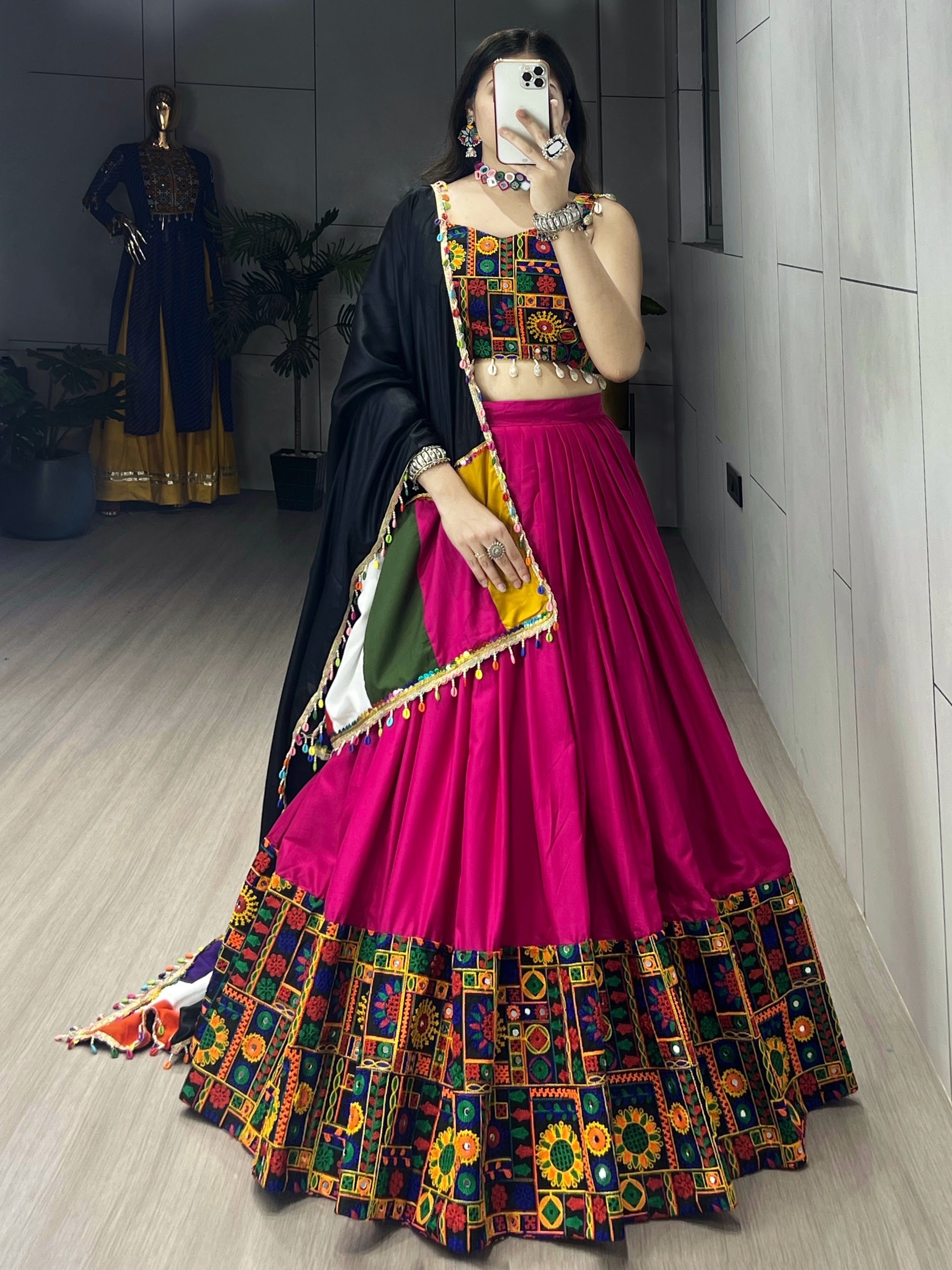 Navratri Rani Pink Gamthi Mirror Work Lehenga Set