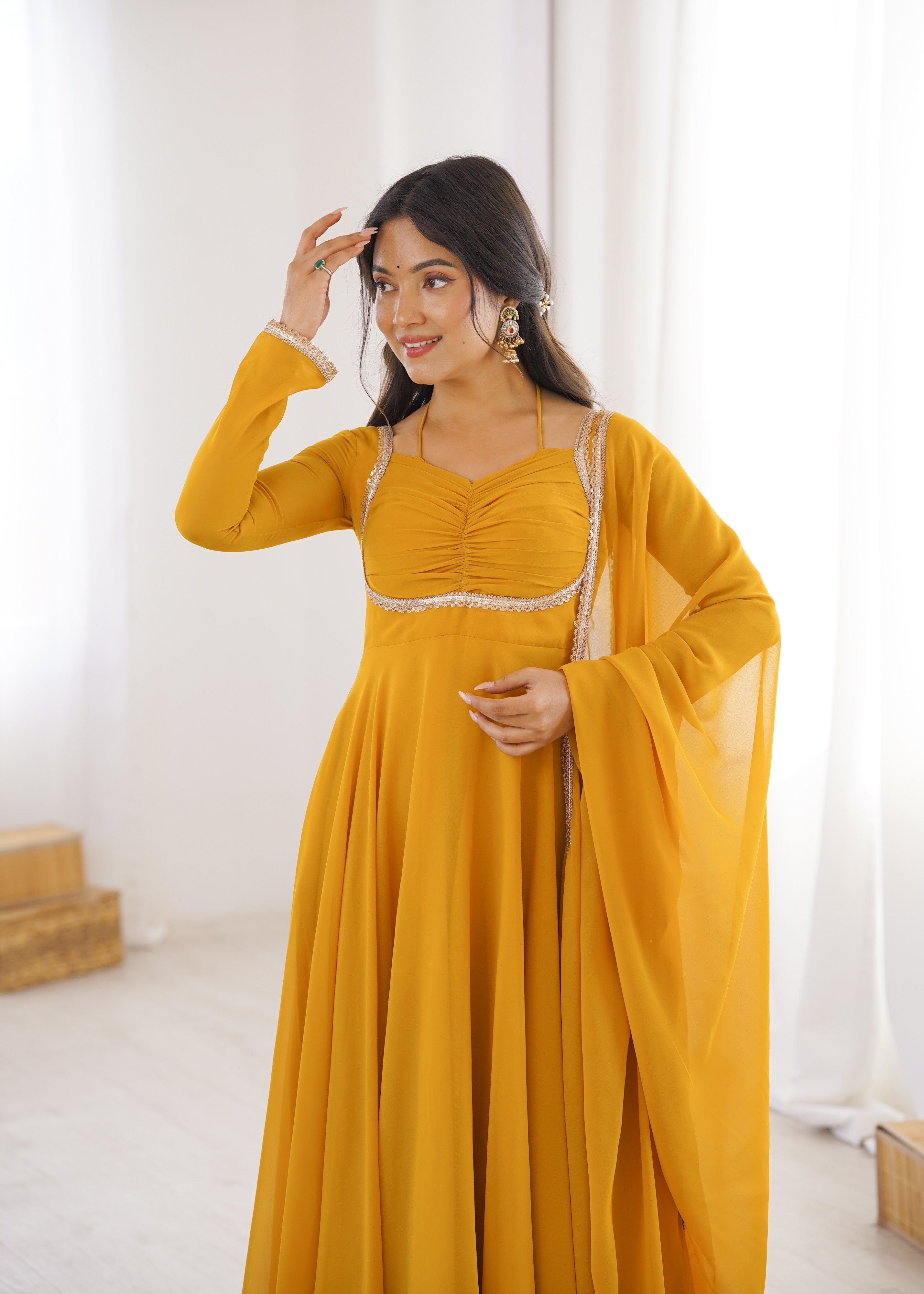 Georgette Embroidered Gown Set – Yellow