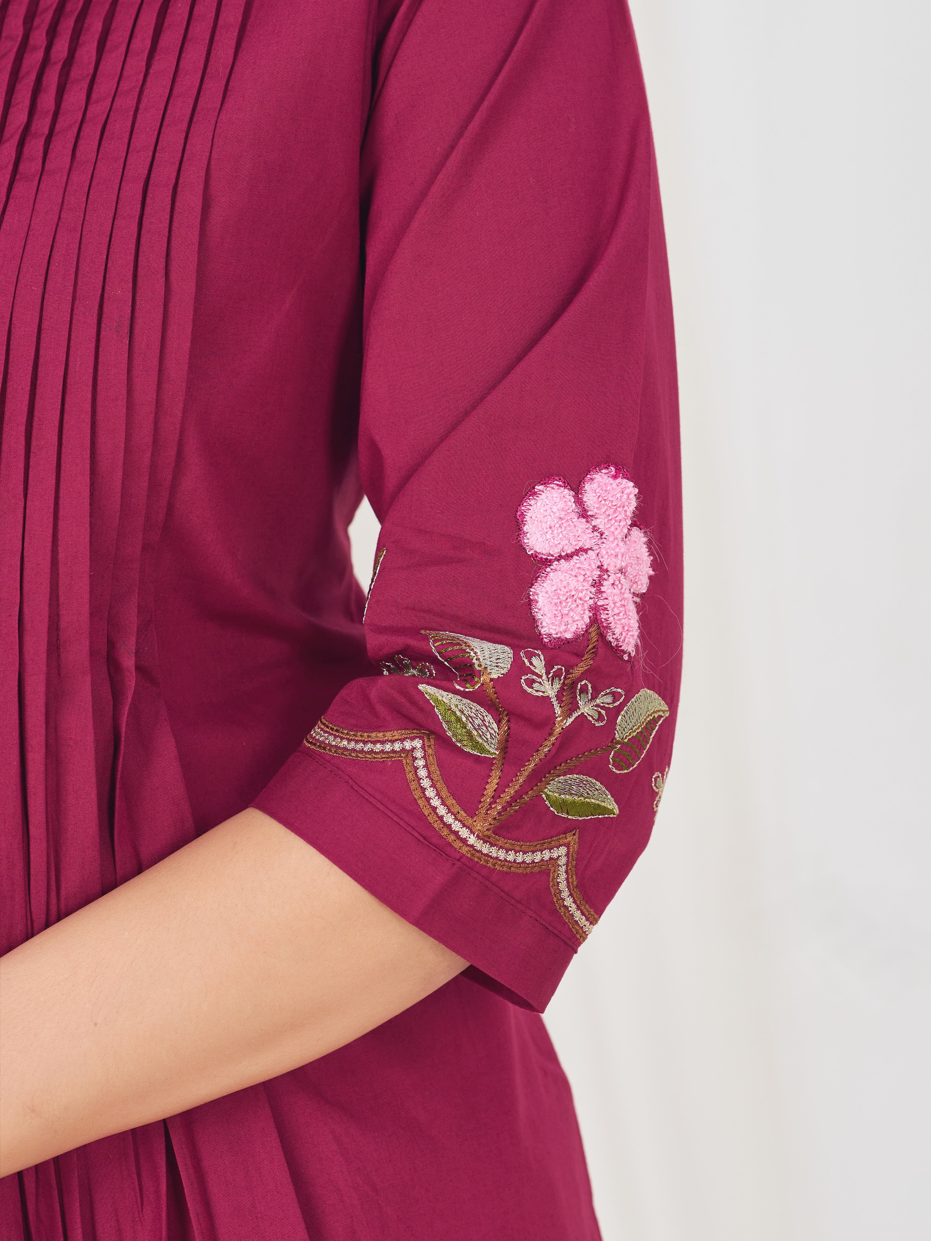 Pure Cotton Embroidered Anarkali Kurti Set – Pink