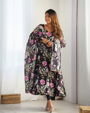 Organza Silk Printed Anarkali Set – Black