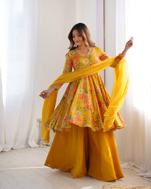 Roman Chanderi Silk Printed Kurta-Palazzo Set – Yellow