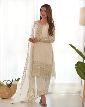 Chinon Silk Embroidered Straight Kurta Set – Ivory