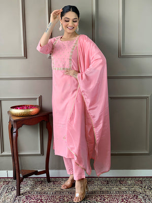 Rayon Slub Embroidered Kurta Pant Dupatta Set – Pink