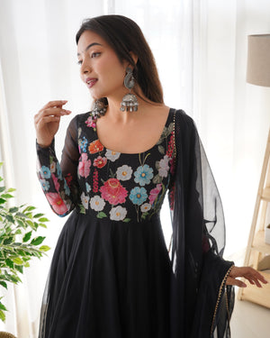 Organza Silk Printed Anarkali Set – Black