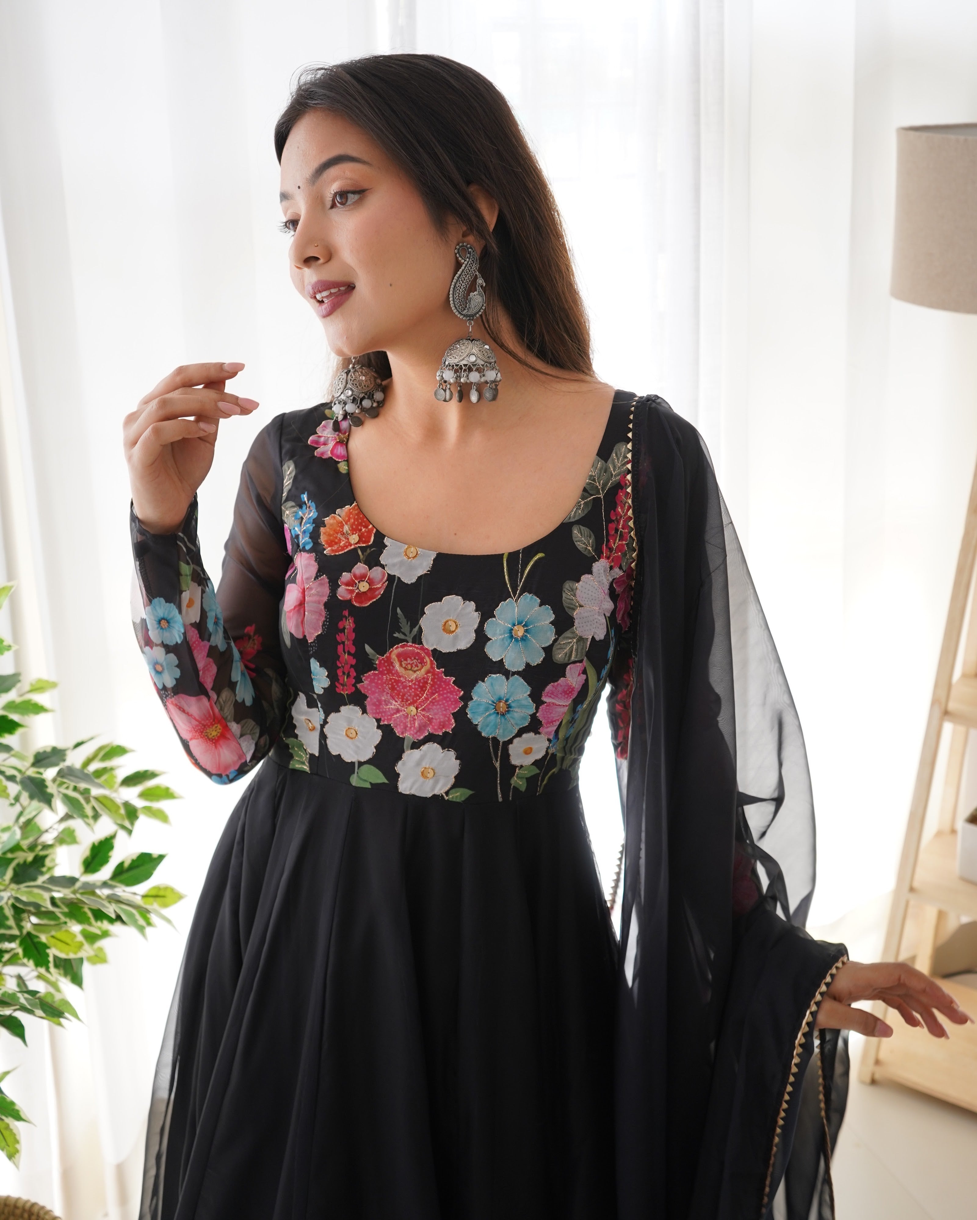 Organza Silk Printed Anarkali Set – Black