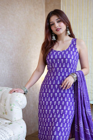 Rayon Slub Printed Kurta Pant Dupatta Set – Purple