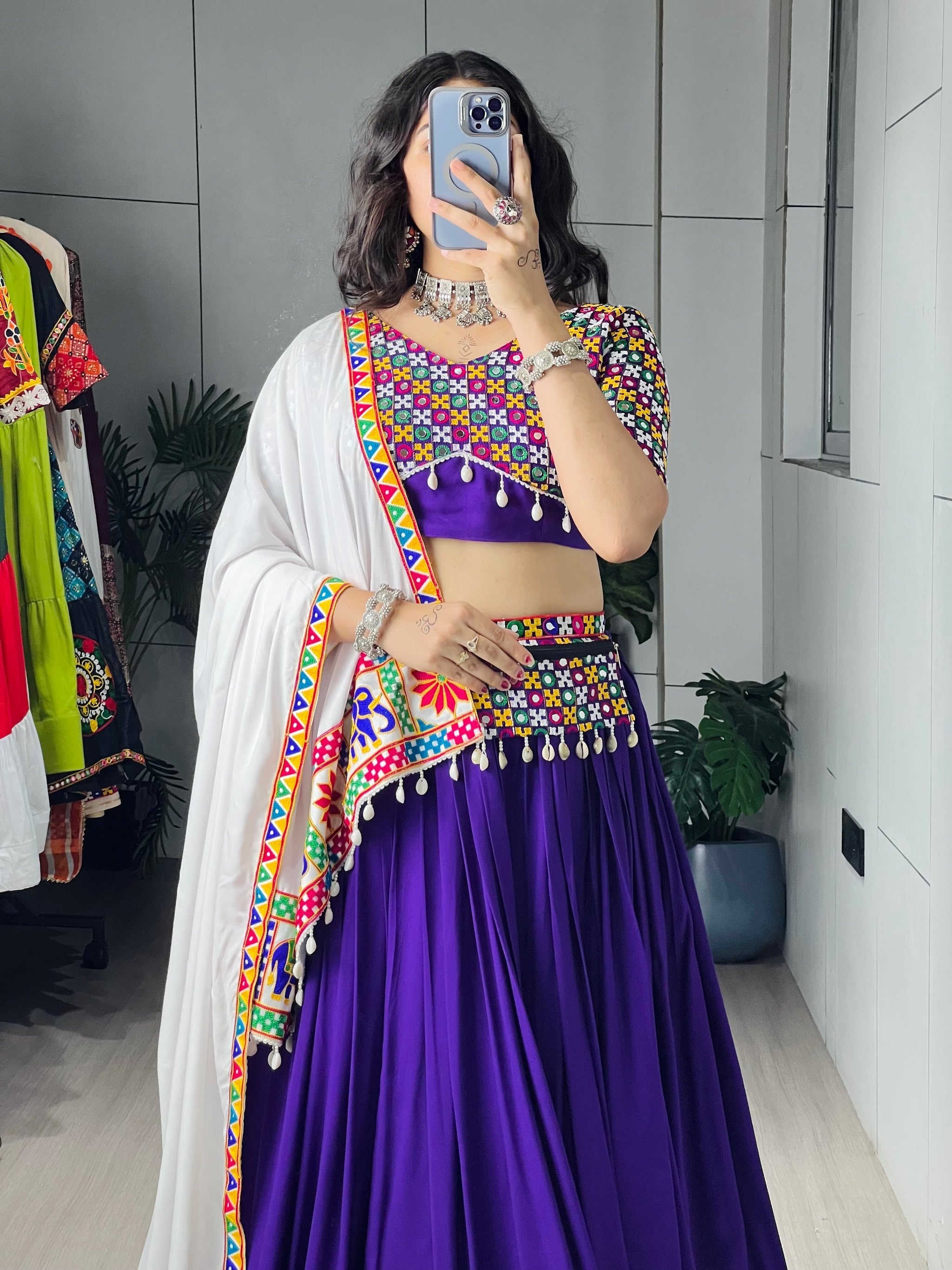 Navratri Purple White Shyama Lehenga Set