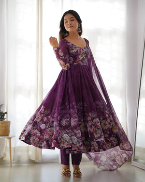 Organza Silk Printed Anarkali Set – Wine