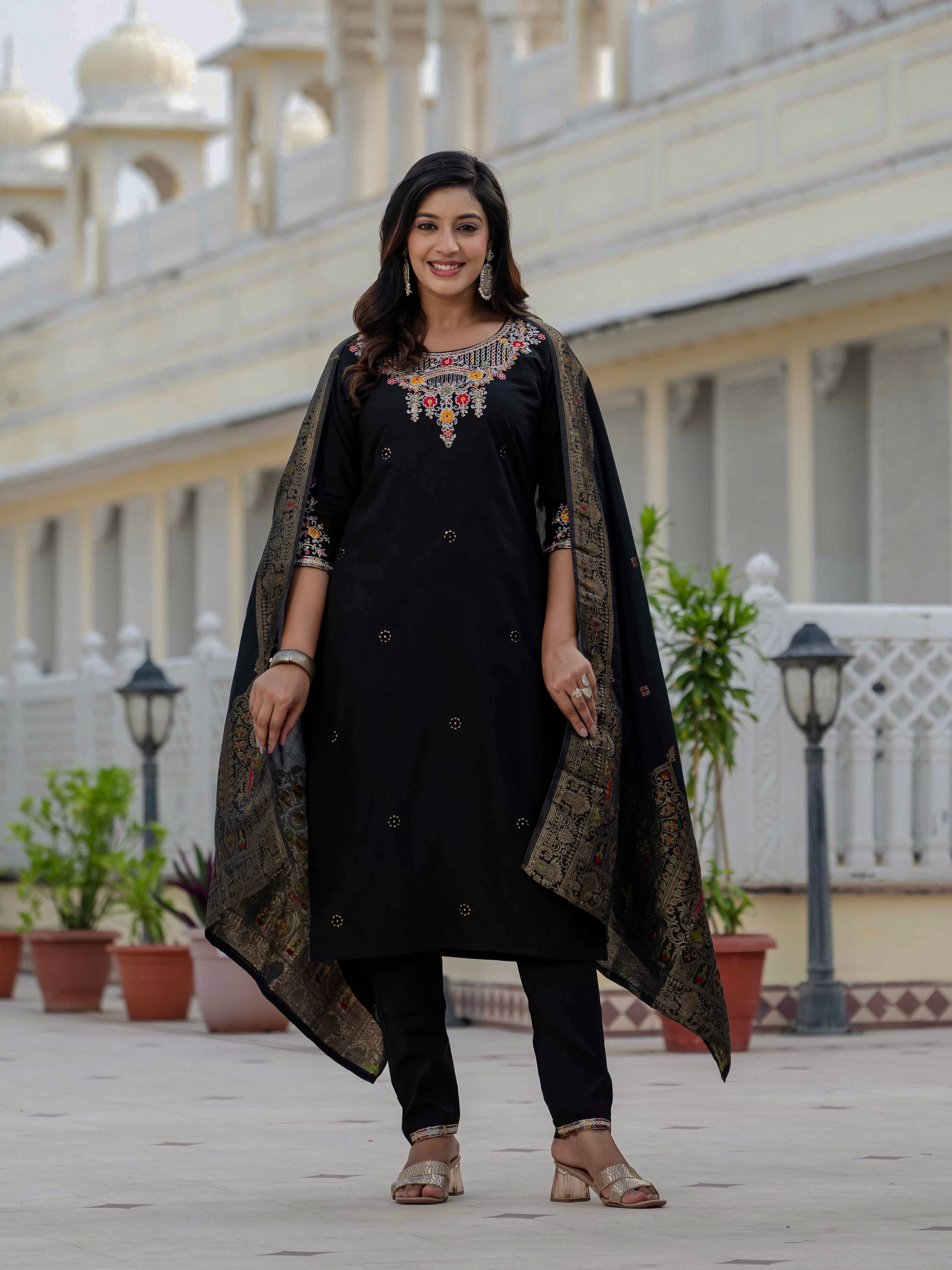 Premium Roman Silk Embroidered Straight Kurti Set – Black