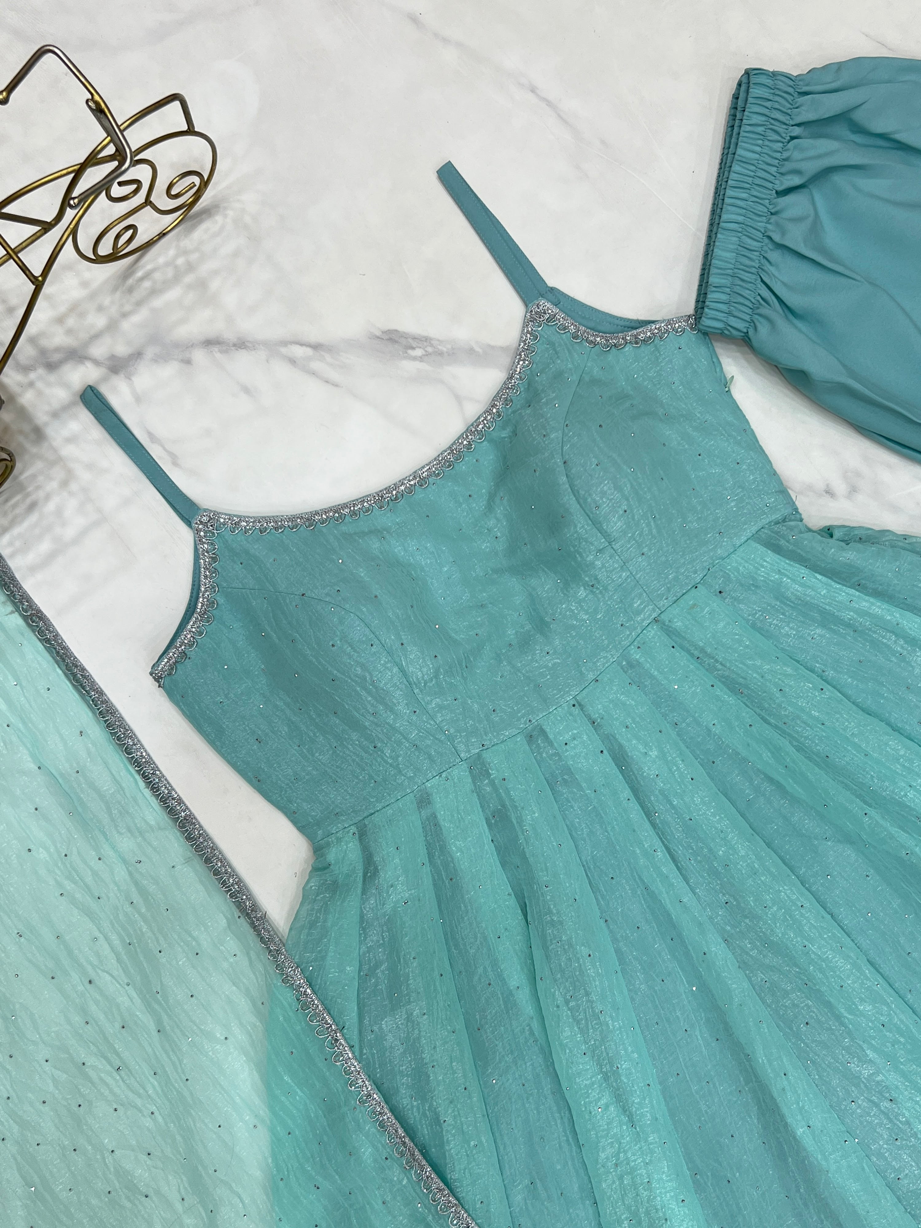 Crunchy Silk Embroidered Anarkali Set – Aqua Blue