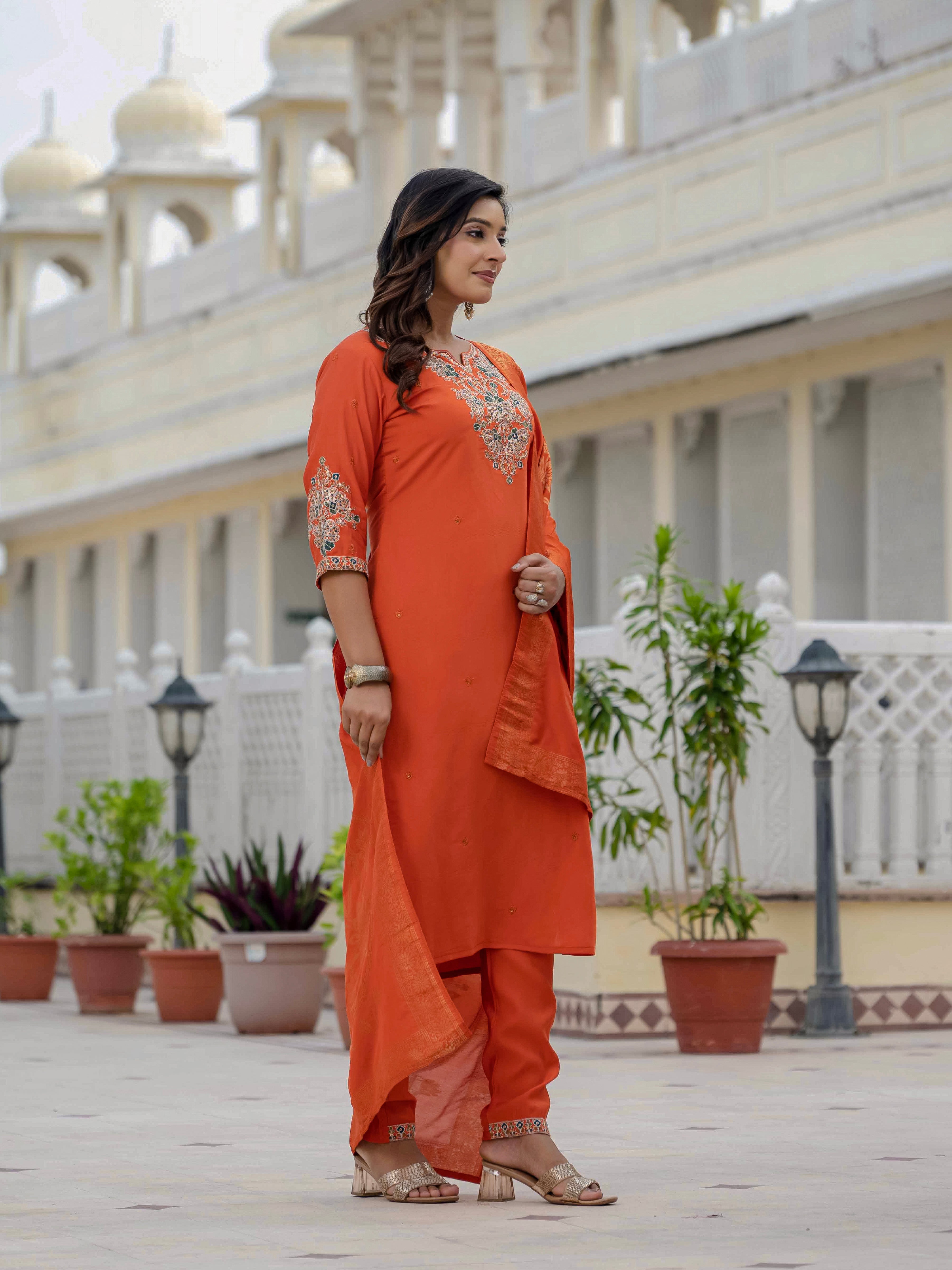Premium Roman Silk Embroidered Straight Kurti Set – Orange