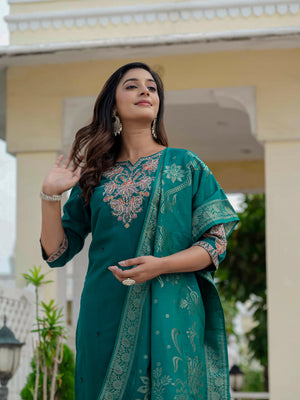 Premium Roman Silk Embroidered Straight Kurti Set – Rama Green