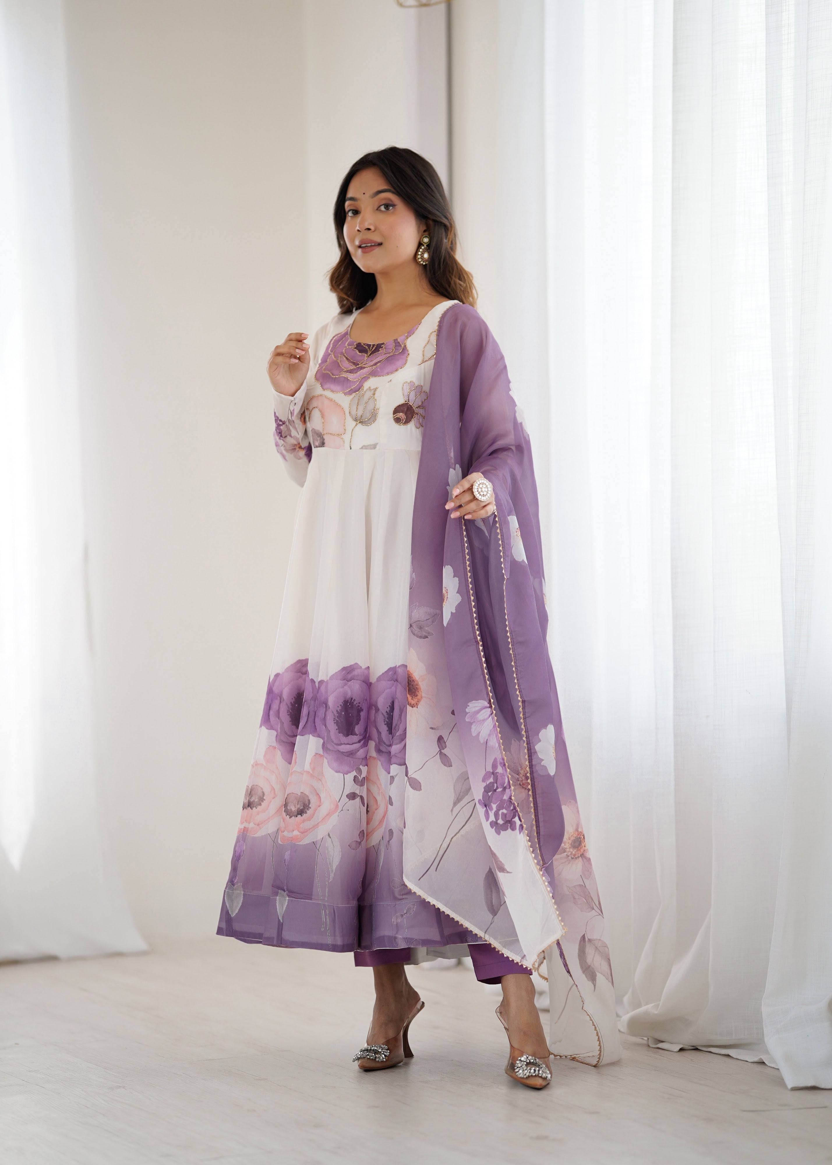 Organza Silk Printed Anarkali Set – Lilac Floral