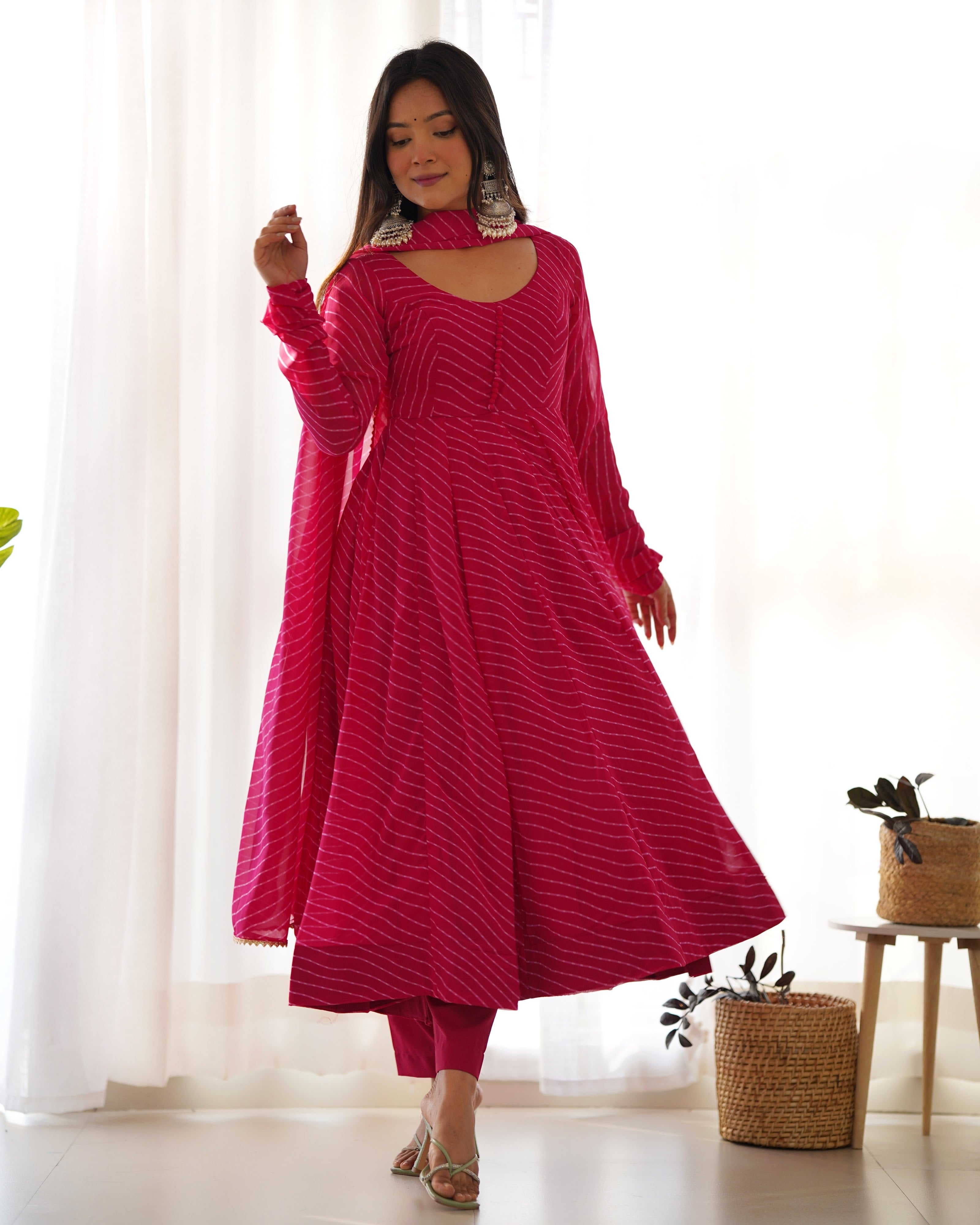 Georgette Printed Anarkali Set – Rani Pink