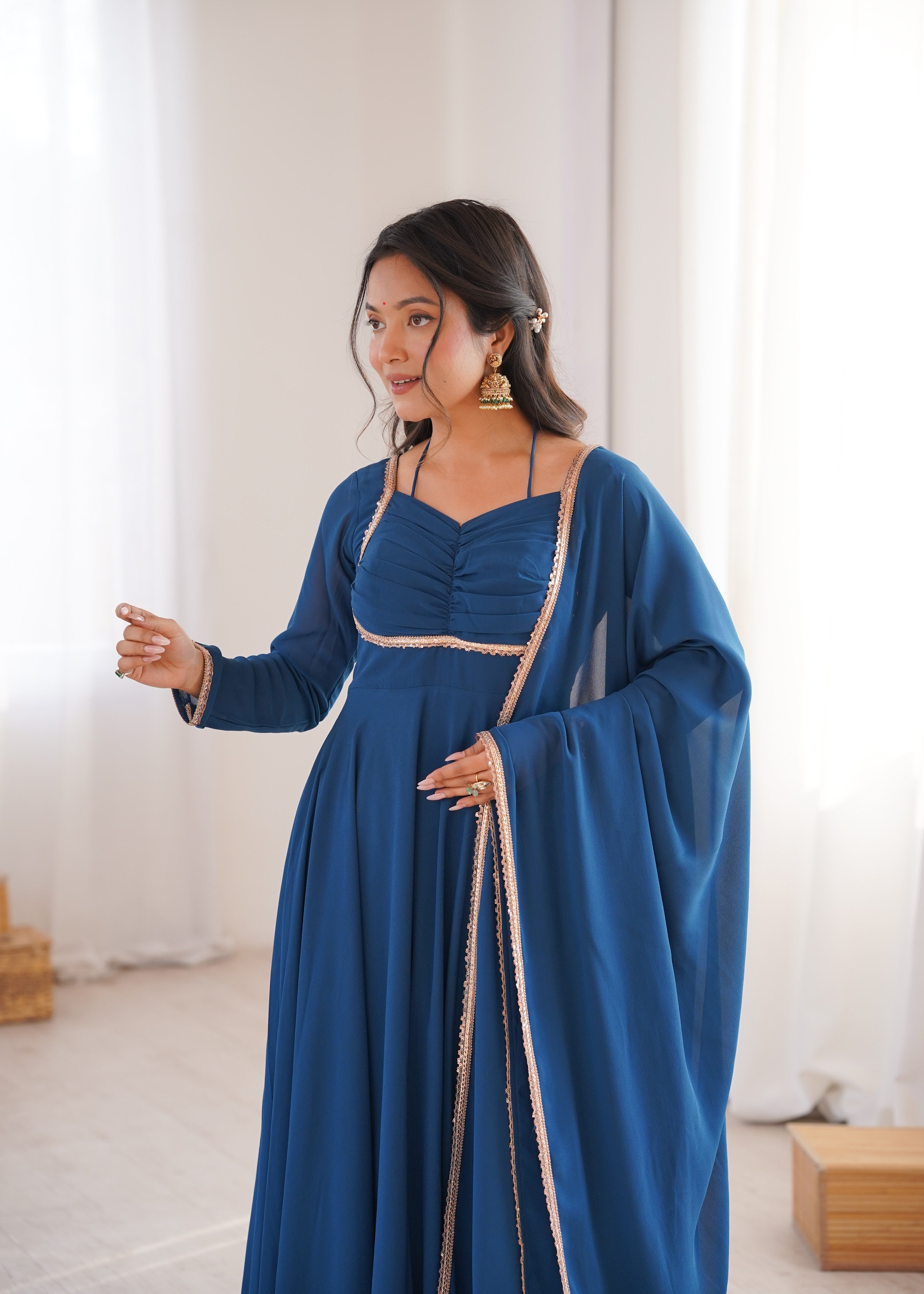 Georgette Embroidered Gown Set – Teal Blue