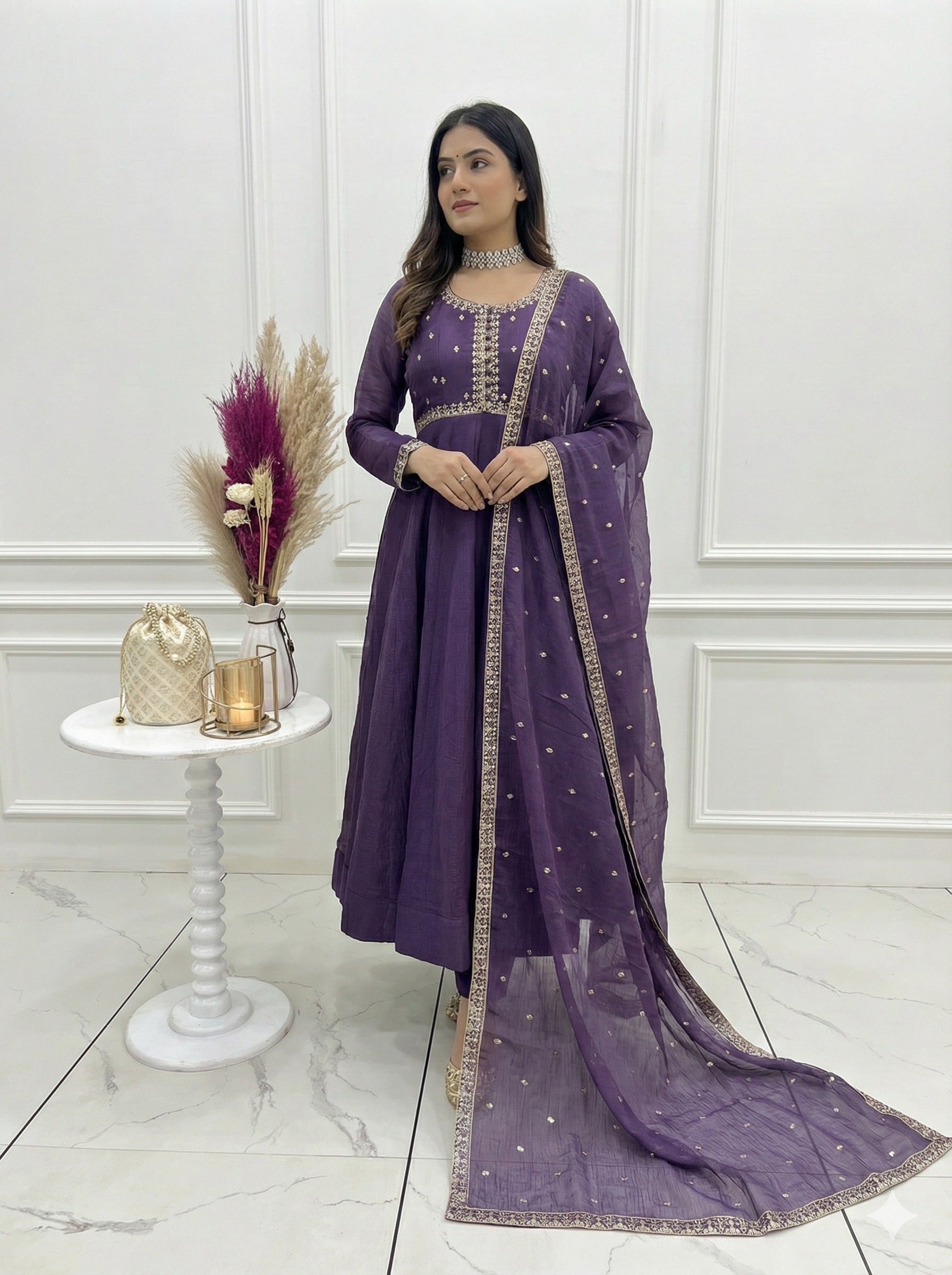 Crunchy Silk Embroidered Gown Set – Purple