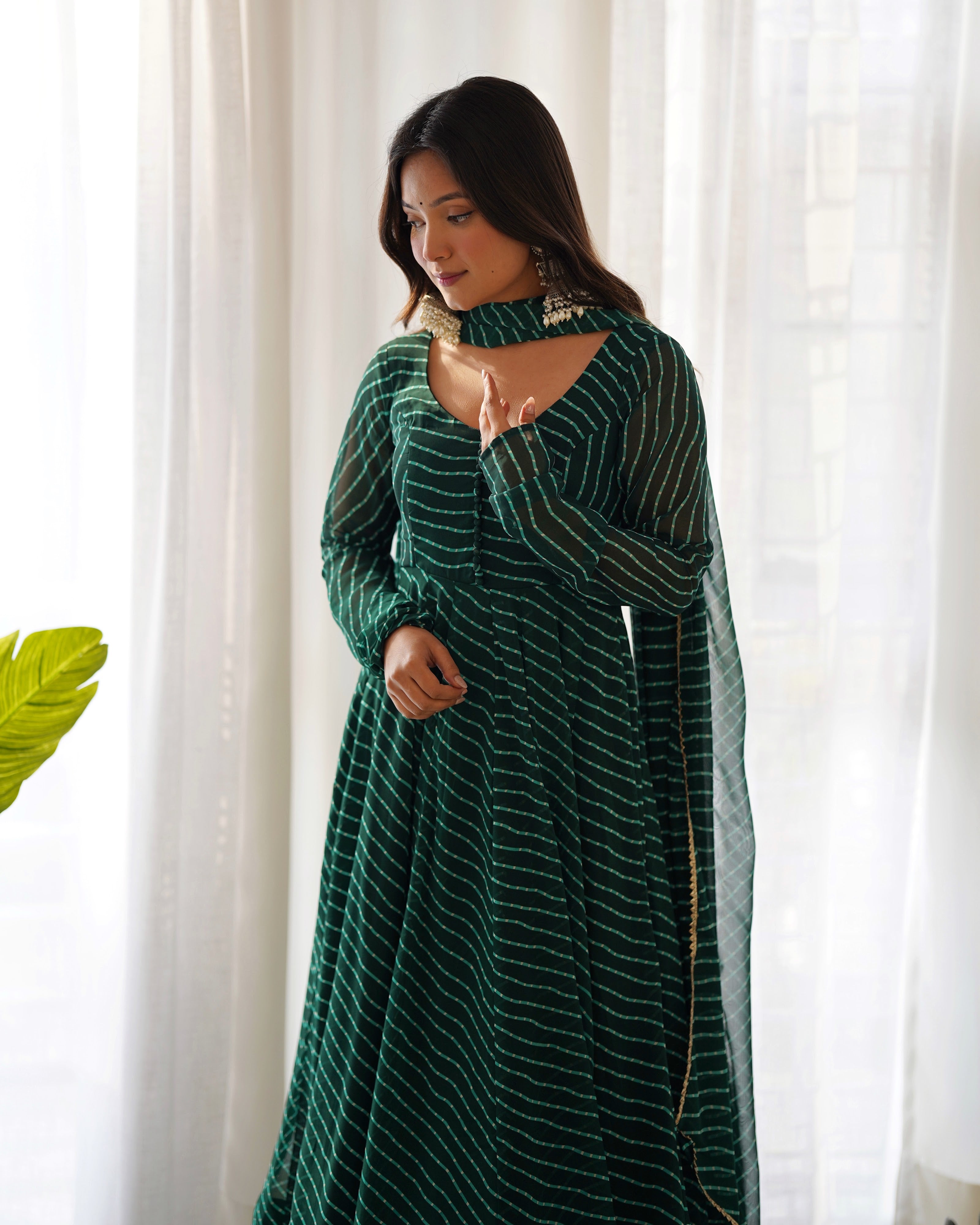 Georgette Printed Anarkali Set – Bottle Green