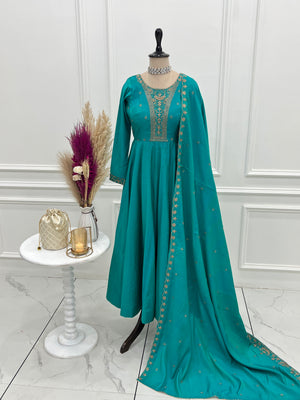 Roman Chanderi Silk Embroidered Anarkali Set – Teal Blue