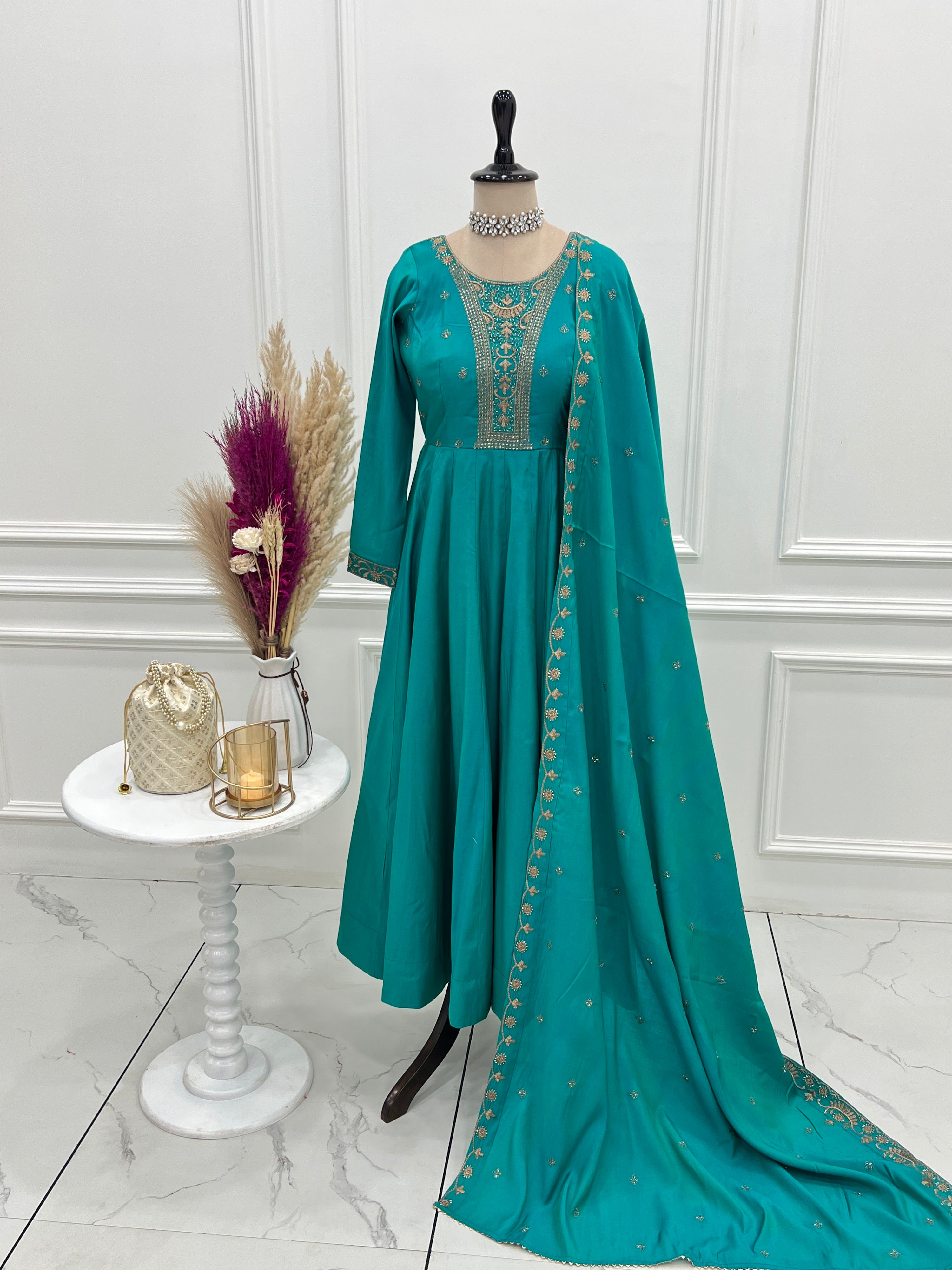 Roman Chanderi Silk Embroidered Anarkali Set – Teal Blue