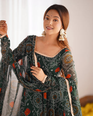 Soft Lightweight Chiffon Bandhej Fabric Inner Micro Cotton Embroidered Anarkali Set – Green