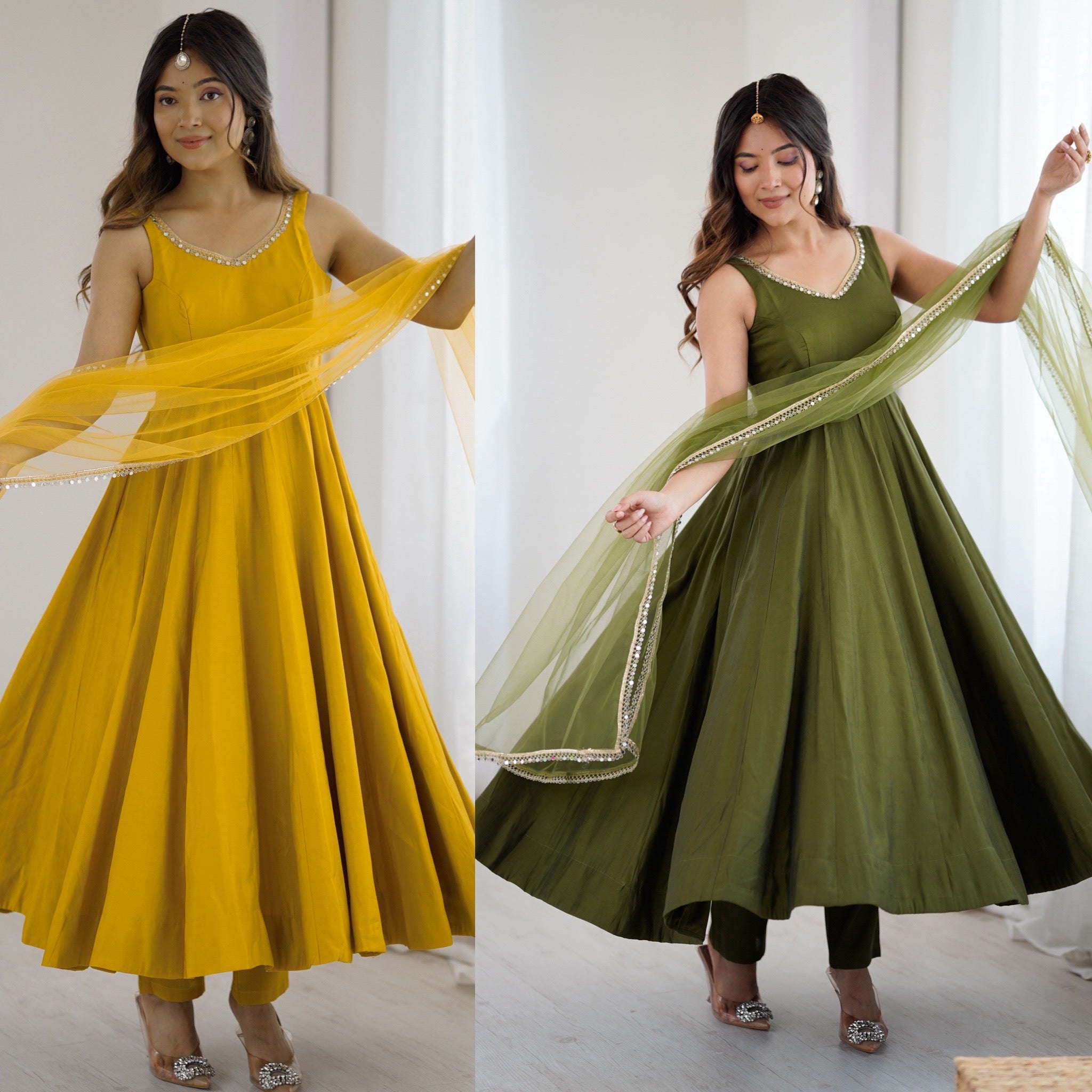 Roman Chanderi Silk Embroidered Anarkali Set – Mehndi