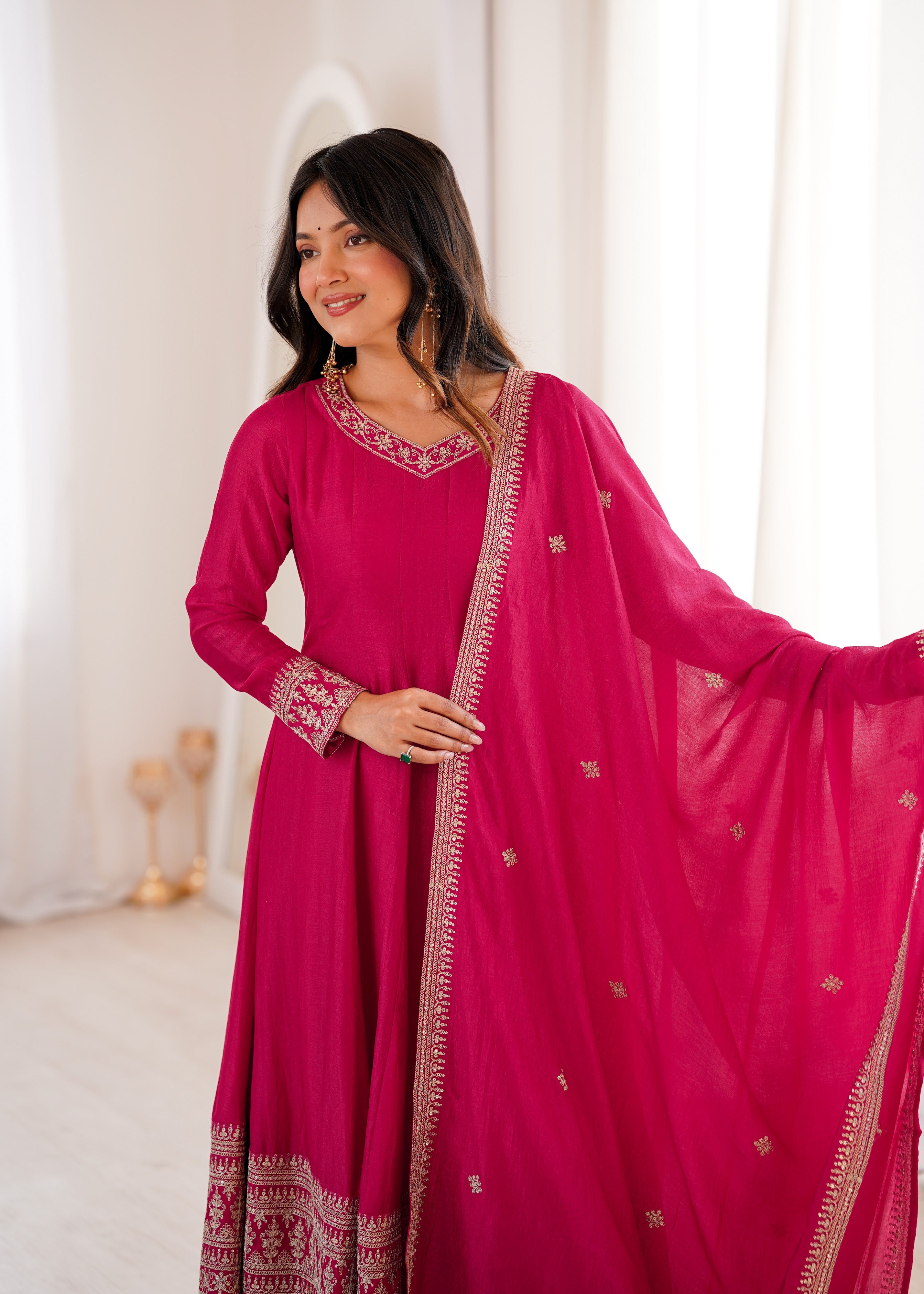 Vichitra Silk Embroidered Anarkali Set – Rani Pink