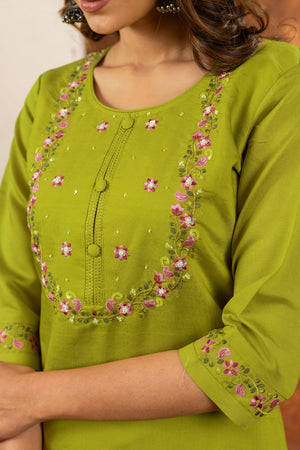 Marina Silk Embroidered Straight Kurti Set – Parrot Green