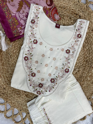 Premium Marina Silk Embroidered Straight Kurti Set – White