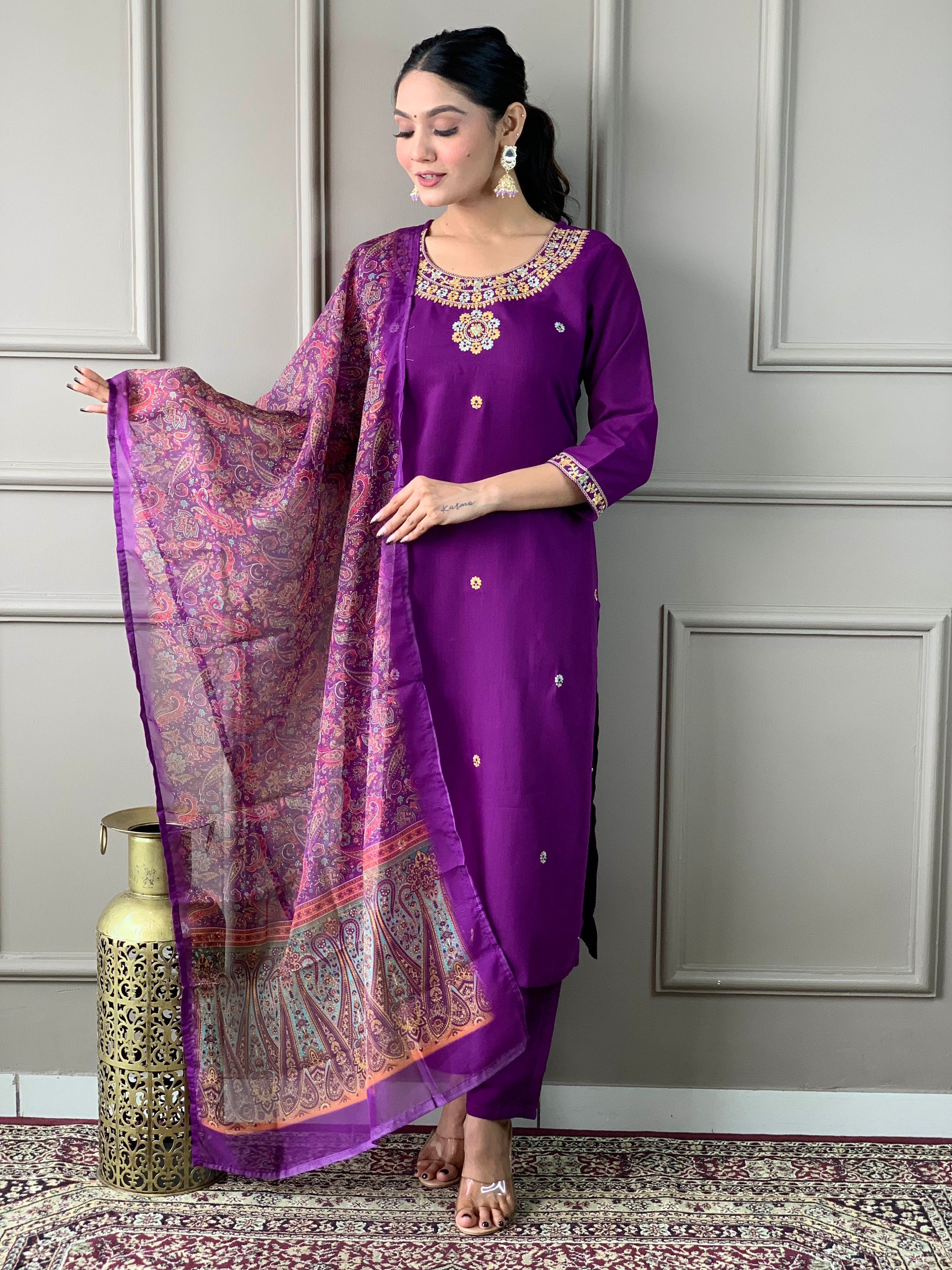 Rayon Slub Embroidered Kurta Pant Dupatta Set – Purple
