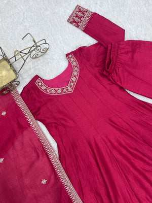 Vichitra Silk Embroidered Anarkali Set – Rani Pink