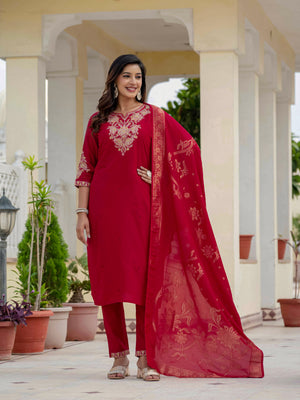 Premium Roman Silk Embroidered Straight Kurti Set – Maroon