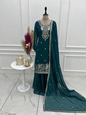 Crunchy Silk Embroidered Sharara Set – Teal Blue