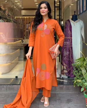 Rayon Slub Embroidered Kurta Pant Dupatta Set – Orange
