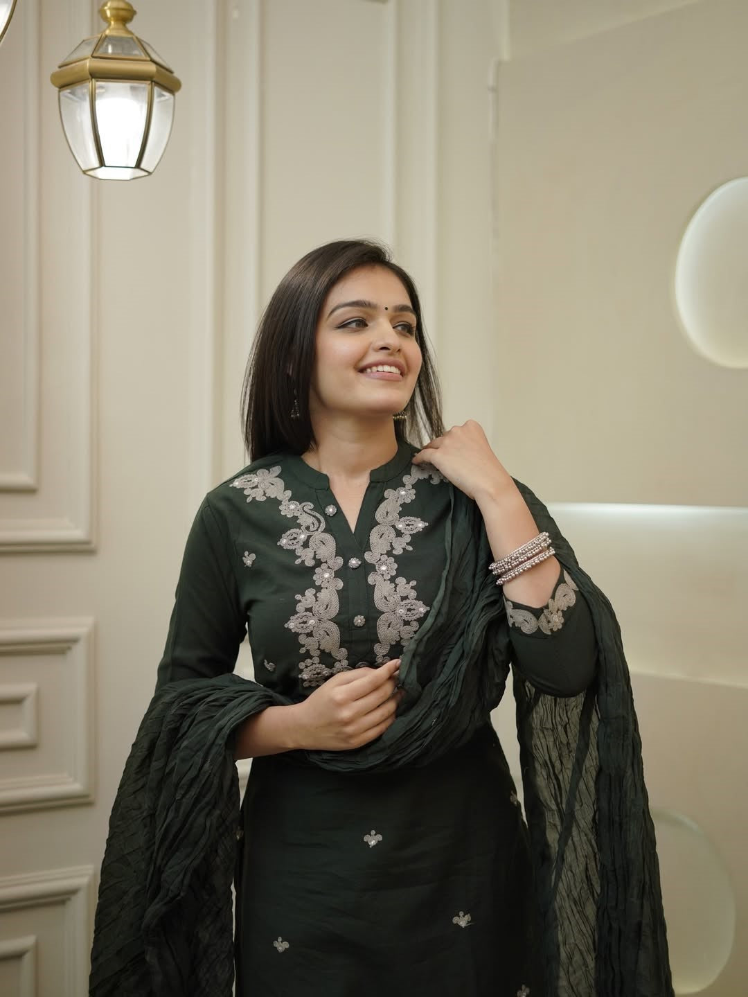 Rayon Slub Embroidered Kurta Pant Dupatta Set – Dark Green