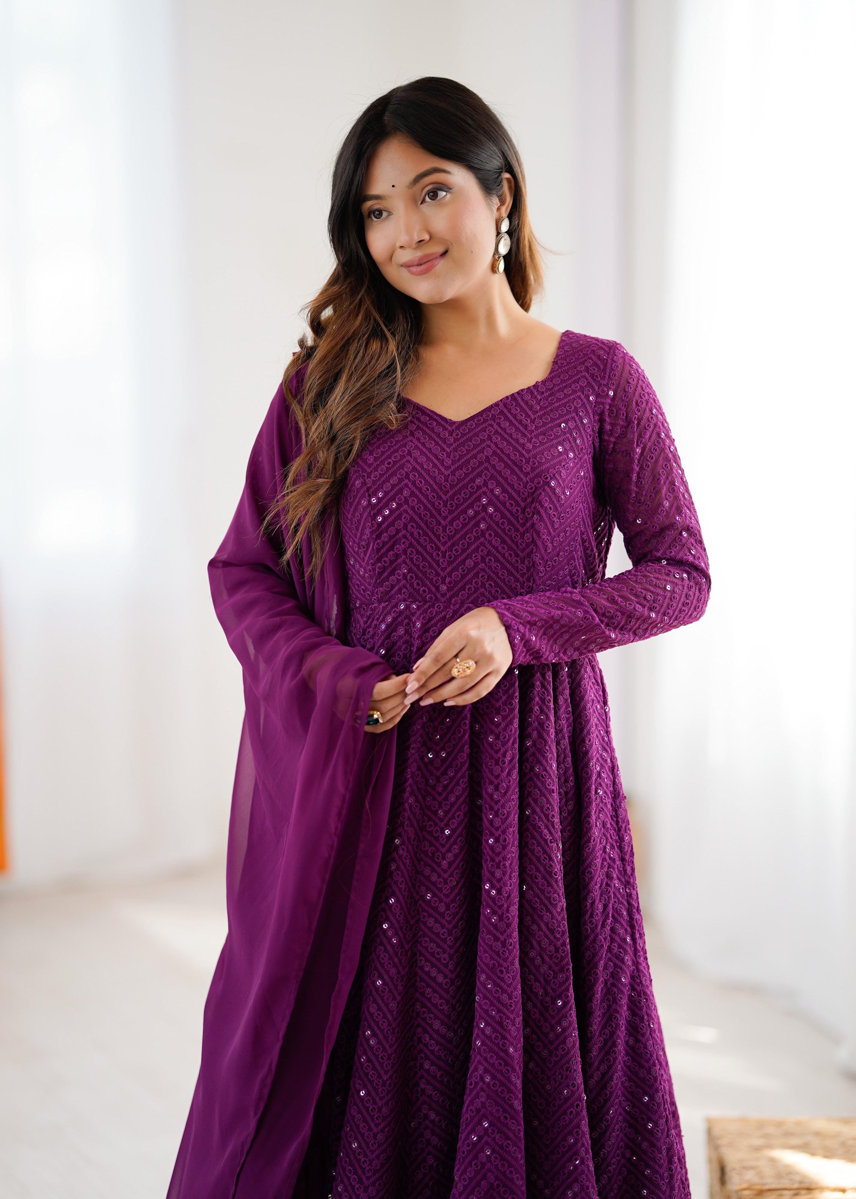 Georgette Embroidered Anarkali Set – Wine