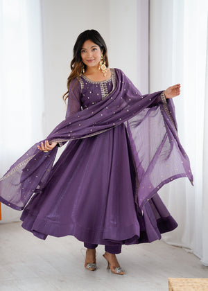 Crunchy Silk Embroidered Gown Set – Purple