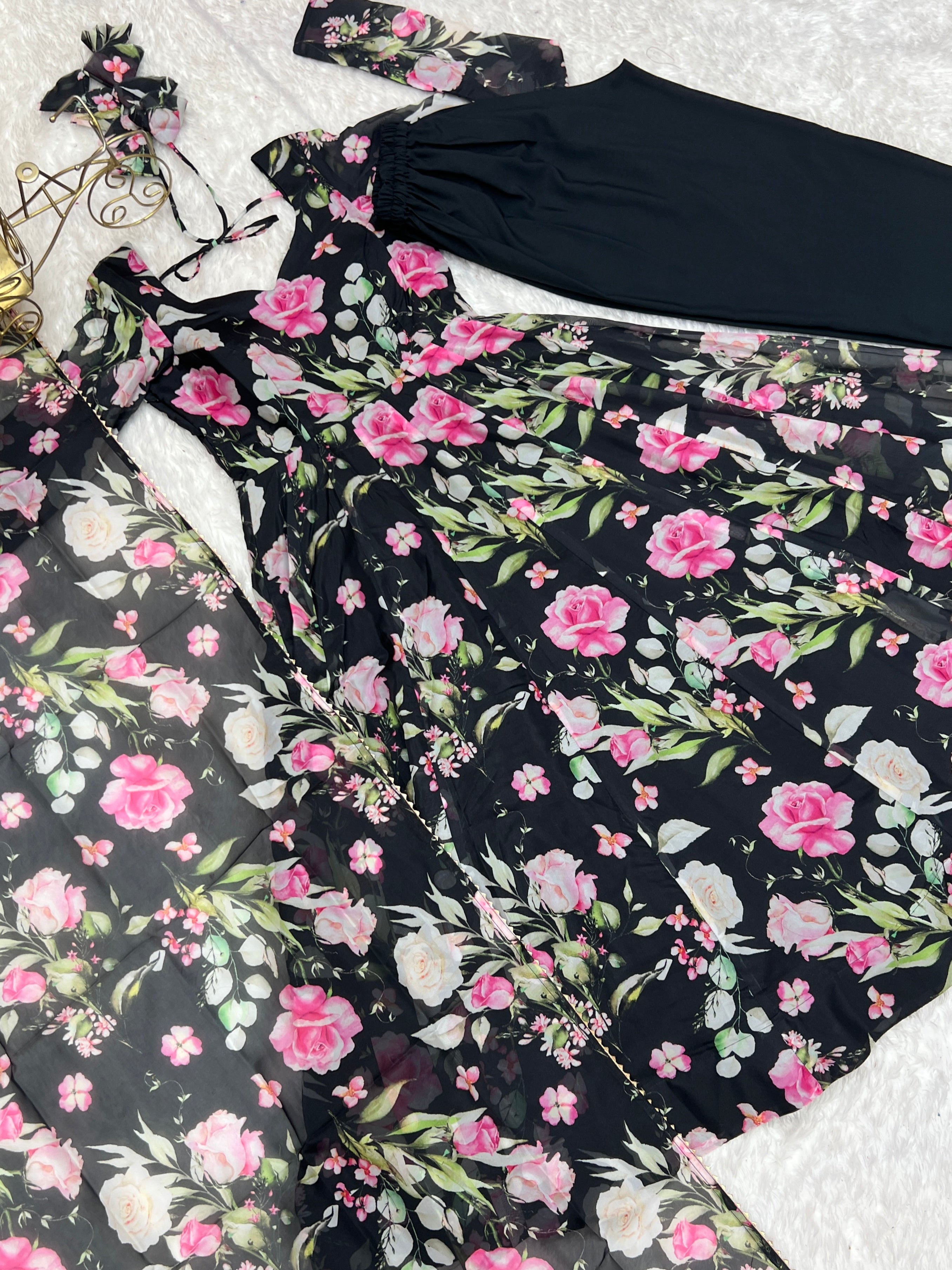 Organza Silk Printed Anarkali Set – Black