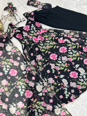 Organza Silk Printed Anarkali Set – Black