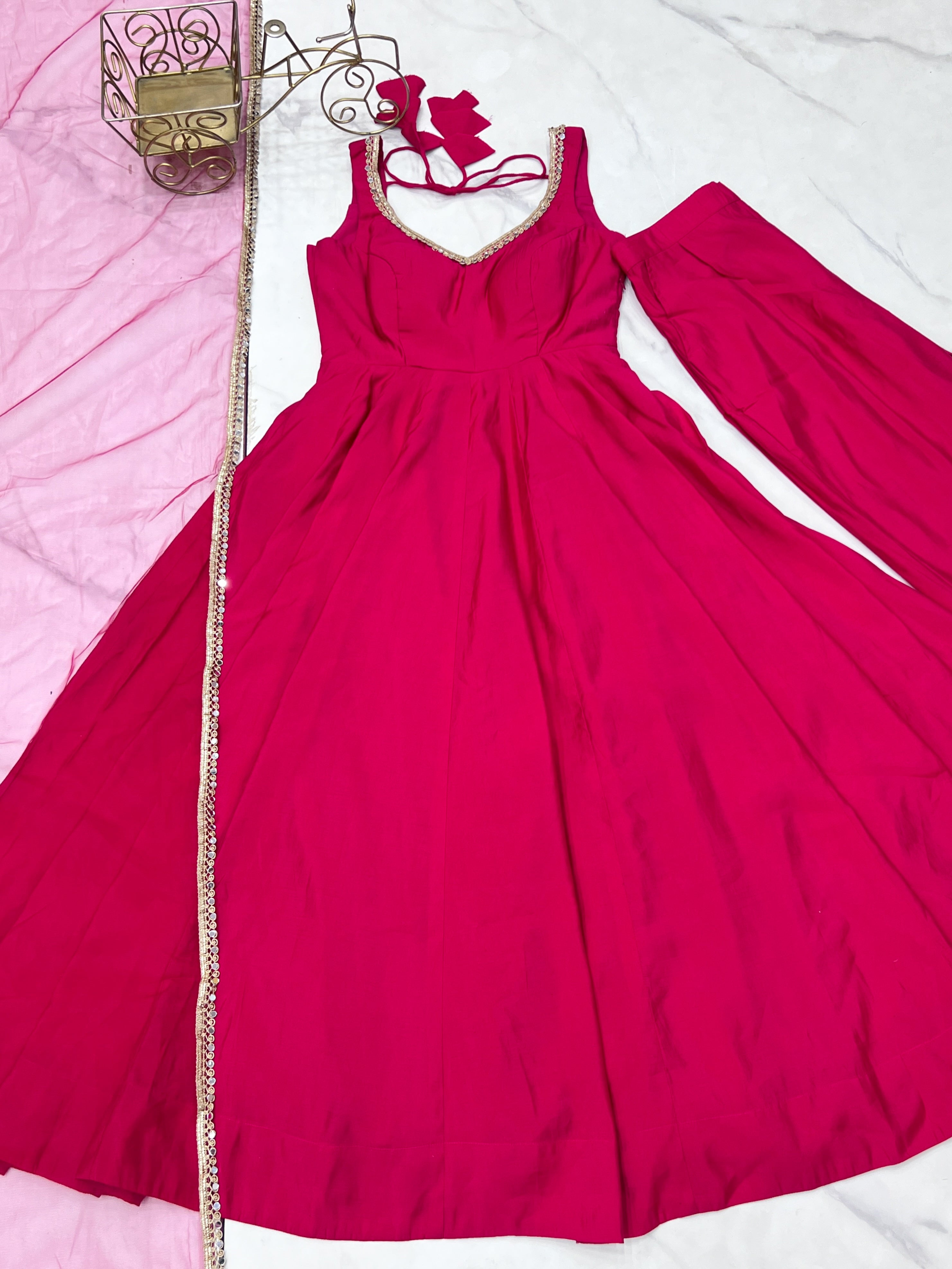 Roman Chanderi Silk Embroidered Anarkali Set – Rani Pink