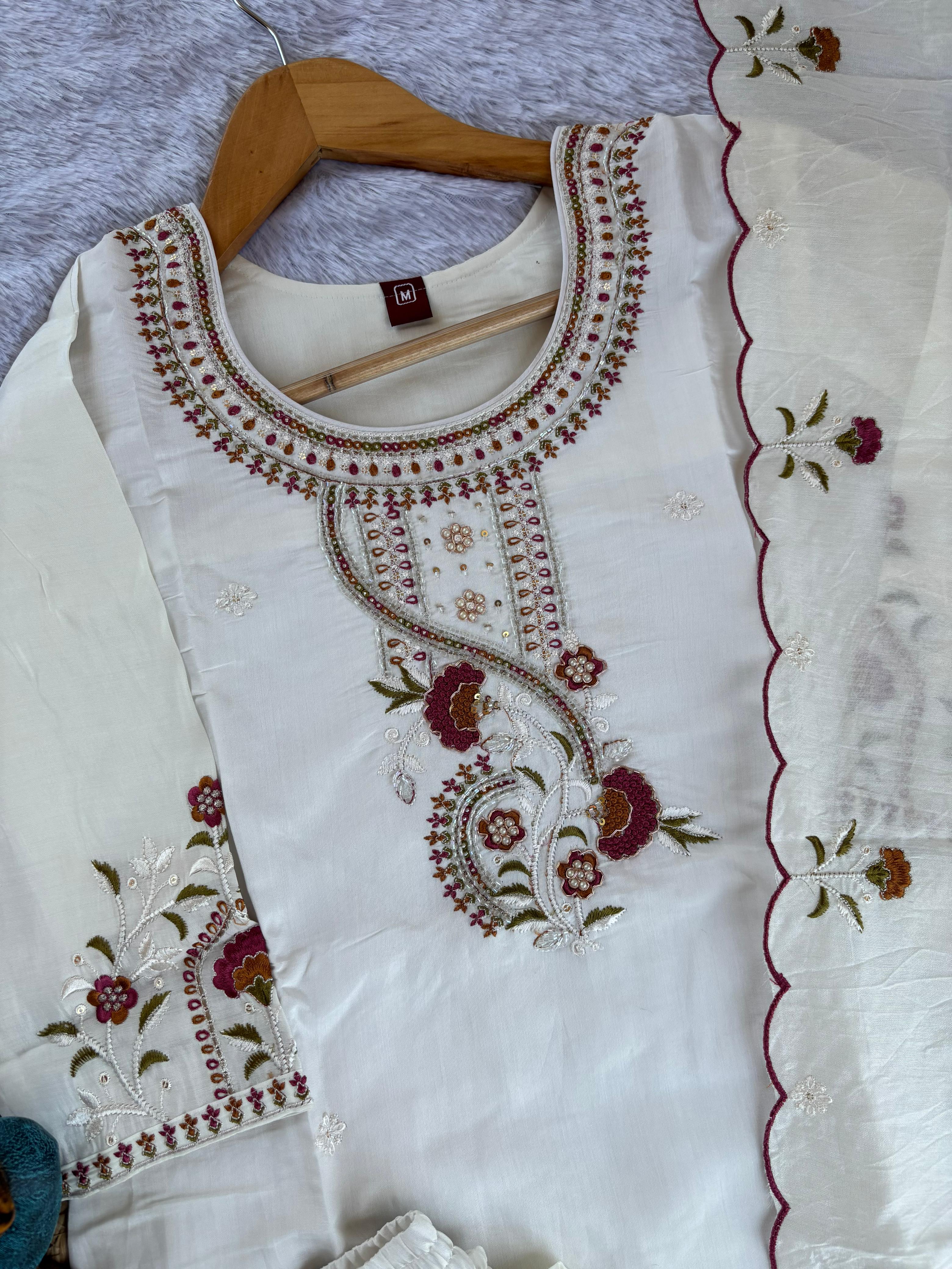 Roman Silk Embroidered Straight Kurti Set – White